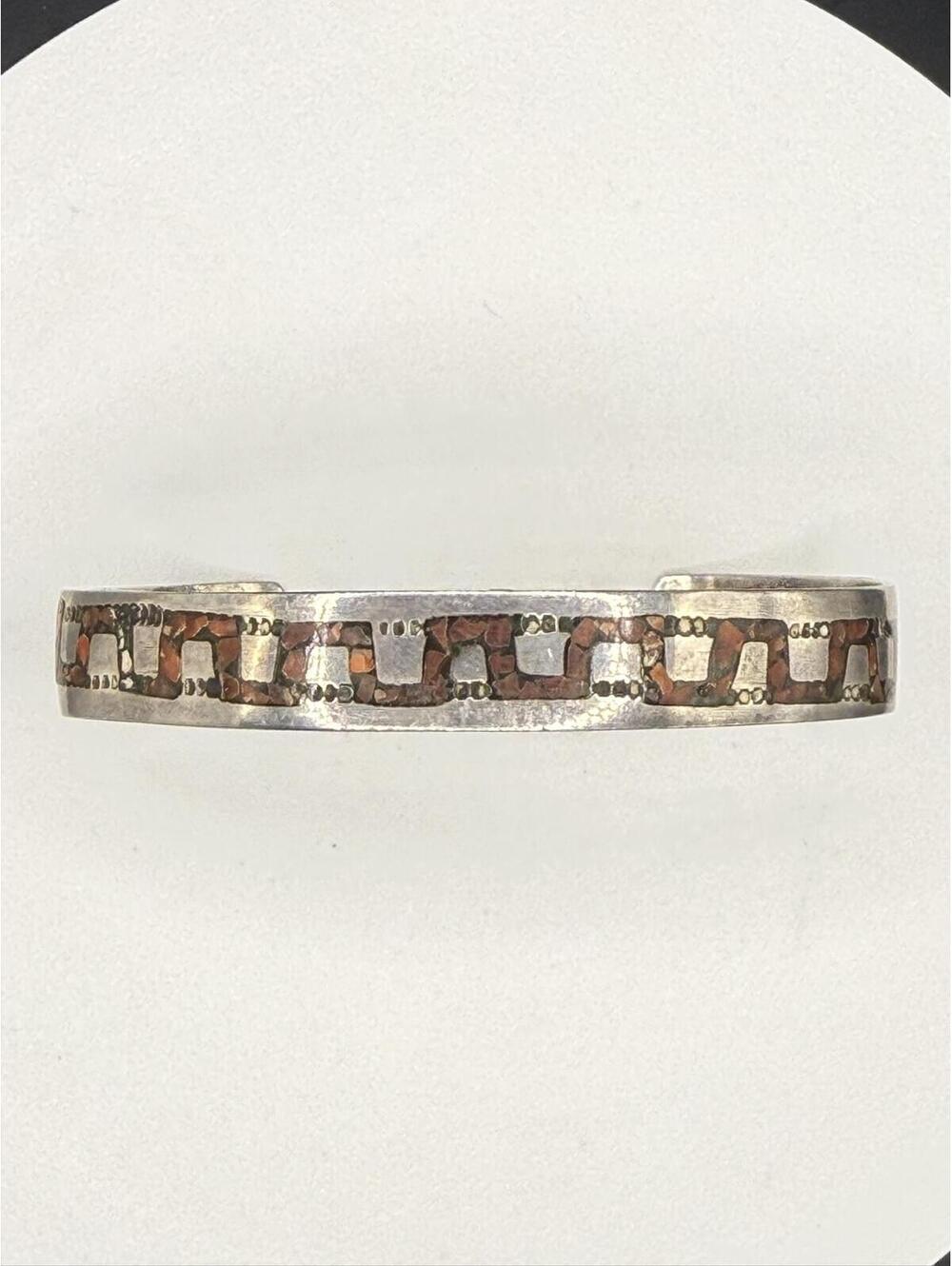 Signed Vintage Sterling Silver Coral Inlay Southwestern Cuff Bracelet - Picture 7 of 8